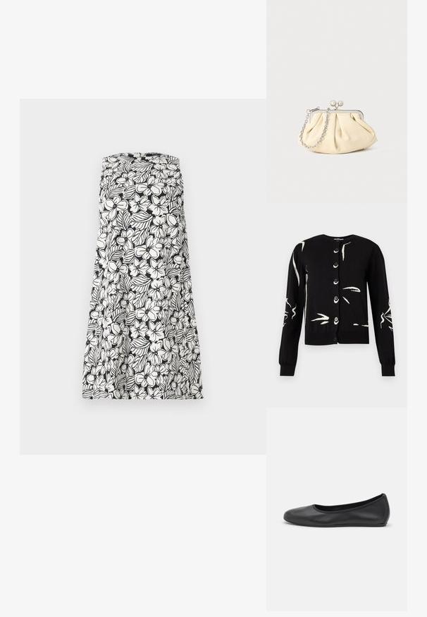 Cardigan noir boutonné avec manches longues et motifs abstraits de coups de pinceau blancs sur le devant et les manches.; Robe noire et blanche sans manches avec un motif floral et feuillage, design sans bretelles et silhouette en ligne A.; Ballerines en cuir noir avec un bout rond, texture lisse, détails de couture minimalistes et design de semelle flexible.; Pochette en cuir beige plissé avec un cadre en métal argenté, dotée de deux fermoirs ronds décoratifs et d'une chaîne en argent.