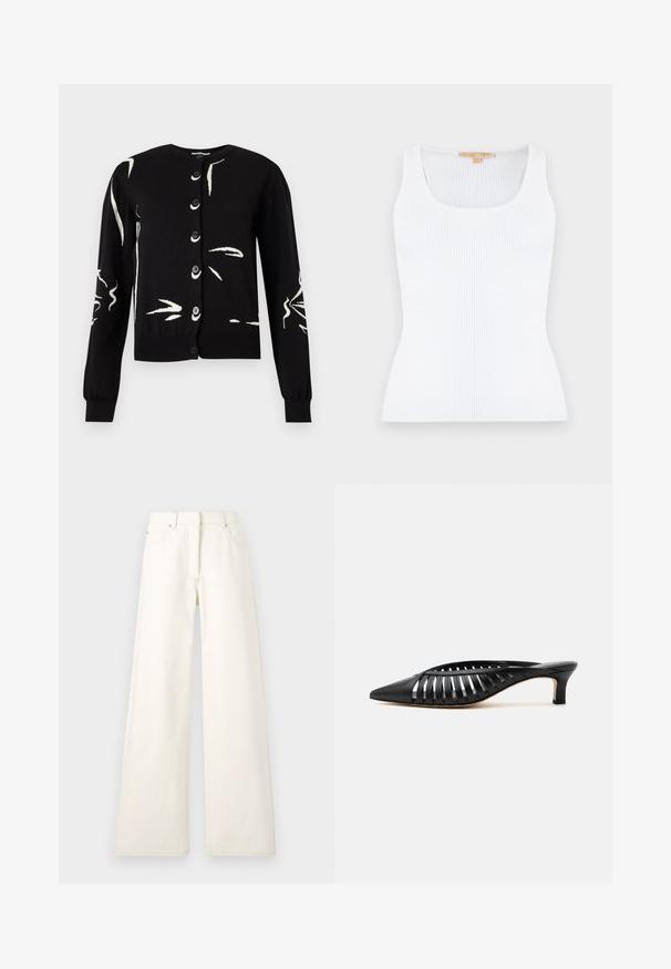 Cardigan noir boutonné avec manches longues et motifs abstraits de coups de pinceau blancs sur le devant et les manches.; Débardeur blanc en maille côtelée sans manches, doté d'un col en U et d'une silhouette ajustée.; Pantalons larges de couleur crème en denim avec des coutures visibles et des poches. Le design présente une taille haute et une coupe droite.; Mule en cuir noir avec bout pointu, design découpé à brides et petit talon kitten sur fond blanc.