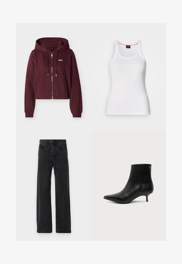 Sweat à capuche zippé couleur bordeaux avec cordons, poches avant, poignets côtelés, et logo blanc "BOSS" sur le côté gauche de la poitrine.; Débardeur blanc côtelé avec un col rond, présentant un design à bretelles étroites et un accent orange le long de l'intérieur du col. Logo de la marque affiché.; Jean en denim noir à coupe large, avec un style classique à cinq poches, fermeture à bouton et légère décoloration.; Bottine en cuir noir avec bout pointu et petit talon kitten sur fond clair, vue côté extérieur.