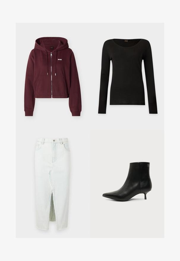 Bordeauxrode hoodie met ritssluiting, trekkoorden, voorzakken, geribbelde boorden en wit "BOSS"-logo op de linkerborst.; Zwarte nauwsluitende top met lange mouwen en ronde halslijn, plat afgebeeld op een lichte achtergrond.; Lichtblauwe denimrok met een voorkantsplit, raw hem, twee voorzakken en een knoopsluiting. Rechte pasvorm, enkellange stijl.; Zwart leren enkellaars met puntige neus en lage kittenhak op lichte achtergrond, zijaanzicht buitenkant.