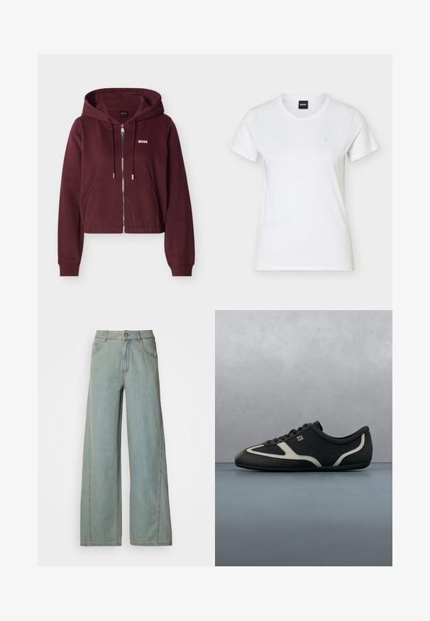 Bordeauxrode hoodie met ritssluiting, trekkoorden, voorzakken, geribbelde boorden en wit "BOSS"-logo op de linkerborst.; Wit T-shirt met korte mouwen en ronde hals, met een klein reliëflogo op de linkerborst en een zwart BOSS-label aan de binnenkant van de kraag.; Lichtblauwe rechte jeans van denim, met een knoop- en ritssluiting, vijf zakken en contrasterende stikseldetails.; Zwarte sneaker met een bovenwerk van gestructureerd leer, contrasterende grijze accenten, een ronde neus en een vlakke zool. Voorzien van veters en een merklogo aan de zijkant.