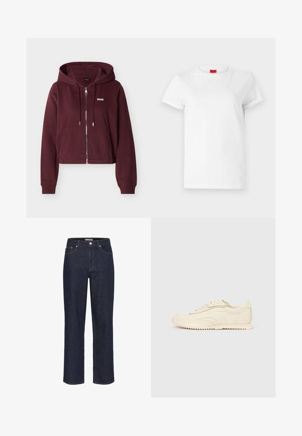 Mørkerød lynlåshoodie med snoretræk, forlommer, ribstrikkede manchetter og hvidt "BOSS" logo på venstre bryst.; Hvid kortærmet t-shirt lavet af letvægts bomuld. Har en rund halsudskæring og rullede ærmer. Rød logoetiket på kraven.; Gestuz SUMMER WIDE - Wide leg - unwashed denim; Lavprofileret sneaker i cremefarve med bølget syning, snørebånd og en rilleret sål, vist fra siden på en ensfarvet baggrund.