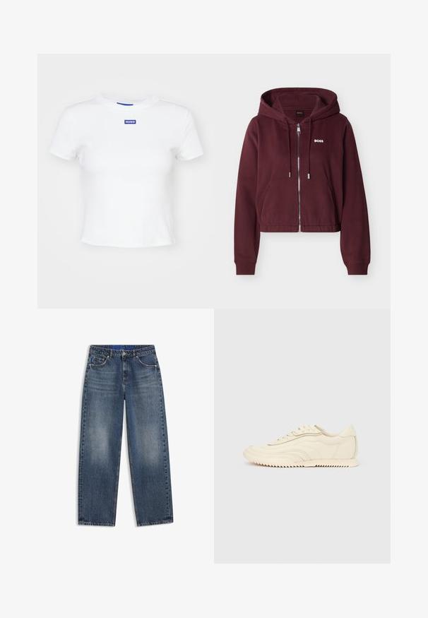 Maroonfarbener Kapuzenpullover mit Reißverschluss, Kordelzügen, Vordertaschen, gerippten Bündchen und weißem "BOSS"-Logo auf der linken Brust.; Weißes Baumwoll-T-Shirt mit kurzen Ärmeln, Rundhalsausschnitt und einem blauen rechteckigen Logopatch mit der Aufschrift "HUGO" auf der Vorderseite in der Mitte.; Blaue Denim-Jeans mit geradem Bein, vorderen Taschen, Gürtelschlaufen und leichter Verblassung an Oberschenkeln und Knien auf weißem Hintergrund.; Niedrig geschnittener, cremefarbener Sneaker mit wellenförmiger Naht, Schnürverschluss und einer profilierten Sohle, seitlich auf einem einfarbigen Hintergrund dargestellt.