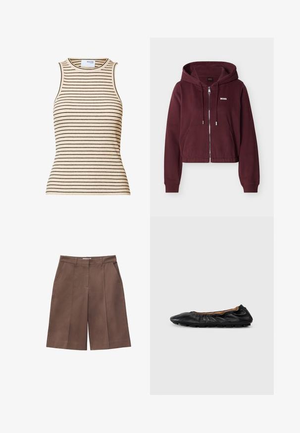 Maroonfarbener Kapuzenpullover mit Reißverschluss, Kordelzügen, Vordertaschen, gerippten Bündchen und weißem "BOSS"-Logo auf der linken Brust.; Ärmelloses beigefarbenes geripptes Stricktop mit schmalen schwarzen horizontalen Streifen und rundem Ausschnitt.; Braune, knieumspielende, maßgeschneiderte Shorts mit Gürtelschlaufen, seitlichen Taschen und vorderer Bügelfalte.; Schwarze Leder-Ballettschuhe mit gerafften Details am Kragen, runder Spitze und flexiblem Gummisohle. Ganze Oberfläche mit glatter Textur.