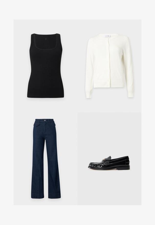 Cardigan blanc à manches longues à boutons, avec poignets et ourlet côtelés, col rond et petit logo Lacoste sur la poitrine gauche.; Débardeur noir moulant en tissu lisse, doté d'un décolleté carré et de larges bretelles ; sans motifs ni accents visibles.; Jean en denim à jambes larges de couleur bleu foncé avec une taille haute, fermeture à boutons devant et deux poches arrière. Texture lisse et coupe ajustée.; Mocassins en cuir noir avec un bout arrondi, des coutures décoratives et un petit accent doré sur le dessus. Semelle en caoutchouc plate, design épuré.