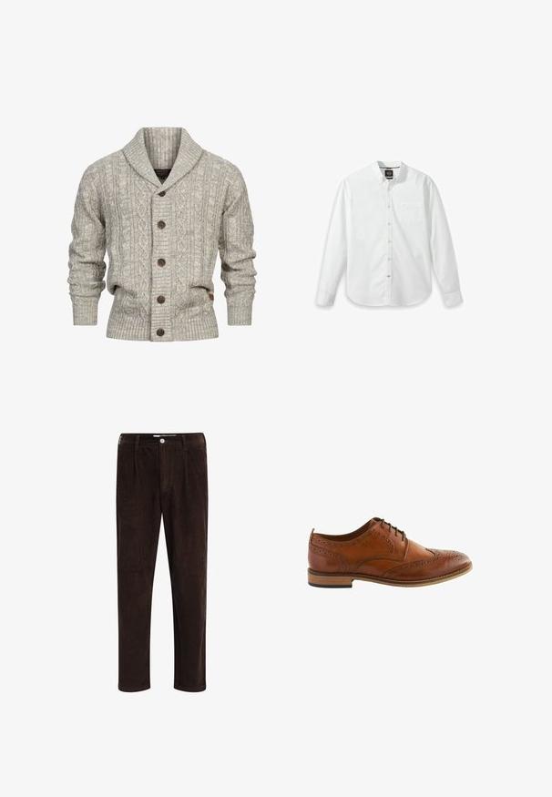 Cardigan gris avec un col châle, motif en tricot torsadé, cinq boutons marron, bords côtelés aux poignets et à l'ourlet, fabriqué à partir d'un matériau en tricot doux.; Chemise blanche à manches longues en coton avec un col classique, une poche poitrine unique et un tissu texturé subtil. Ourlet arrondi.; Redefined Rebel JOHN COMFORT FIT - Pantalon classique - demitasse; Chaussure Oxford brogue pour homme en cuir marron avec perforations en forme d'aile, lacets noirs, semelle en bois et talon bas.