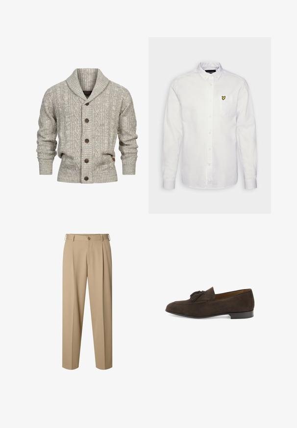 Cardigan gris con cuello chal, patrón de trenzado, cinco botones marrones, puños y dobladillo acanalados, elaborado en un material de punto suave.; Camisa blanca de botón en tejido de algodón, con un pequeño logo de mariposa amarilla bordado en el bolsillo del pecho, mangas largas con puños de botón.; Pantalones beige a medida con pinzas delanteras, trabillas para cinturón, cierre de botón y diseño de pierna recta.; Mocasín de ante marrón oscuro para hombre con borlas, tacón bajo y punta redondeada, mostrado de perfil sobre un fondo blanco.
