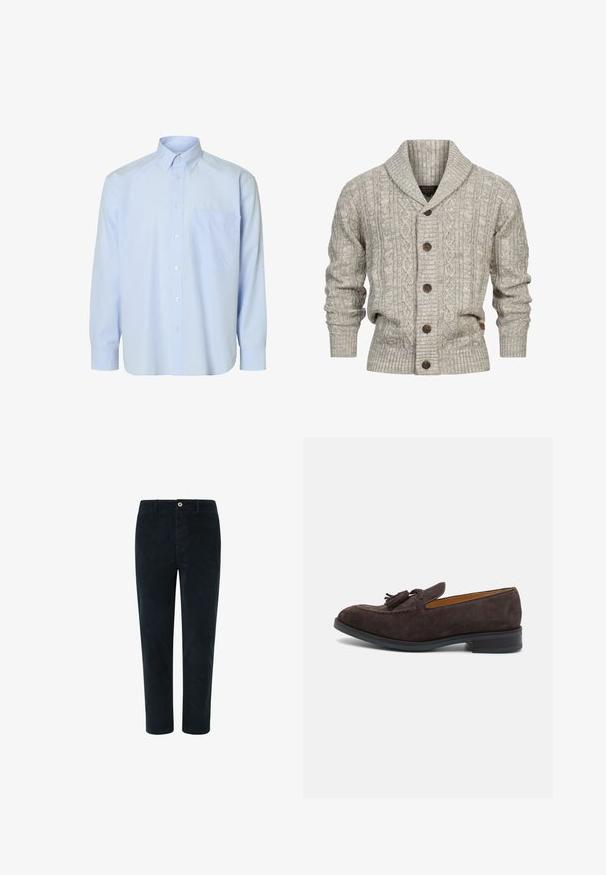 Grå cardigan med sjalskrave, cablestrik mønster, fem brune knapper, ribbede manchetter og kant, lavet af et blødt strik materiale.; Lyseblå langærmet skjorte med knapper og hvide lodrette striber, en enkelt brystlomme og en klassisk krave. Glat stoftekstur.; Mørkeblå kordfløjspants med lige snit, der har lukning med knap foran og sidelommer, glat tekstur og minimal syning.; Paul Smith LAWSON - Loafers - brown