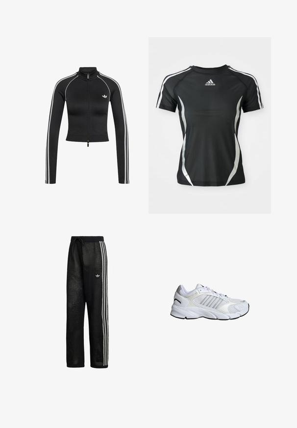 Sort cropped langærmet jakke med lynlås, hvide sidelommer og Adidas-logo på venstre bryst.; Sort Adidas atletisk T-shirt med korte ærmer, hvide striber på skuldrene og sølvfarvede buede detaljer på siderne.; Sorte atletikbukser i mesh med løs pasform, der har kontrastfulde hvide sidelister og et broderet logo på venstre lår. Elastisk taljebånd.; Hvide sportsko i åndbart mesh og syntetiske materialer, med tre sølvstriber, struktureret gummisål og polstret krave.