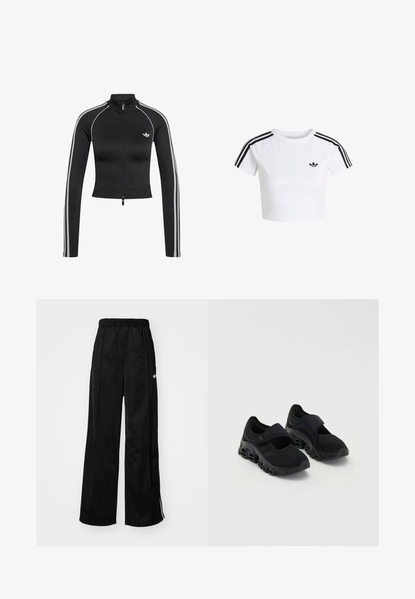 Sort cropped langærmet jakke med lynlås, hvide sidelommer og Adidas-logo på venstre bryst.; Hvid crop top t-shirt med sort Adidas trefoil-logo på brystet og tre sorte striber langs skuldrene og ærmerne.; Sorte brede træningsbukser med elastisk talje, prydet med hvide side-striber og et lille logo på venstre hofte. Glat stofstruktur.; Sorte atletiske sko med mesh-overdel, sikker rem over vristen, tyk sål med runde udskæringer og teksturerede detaljer på siden.