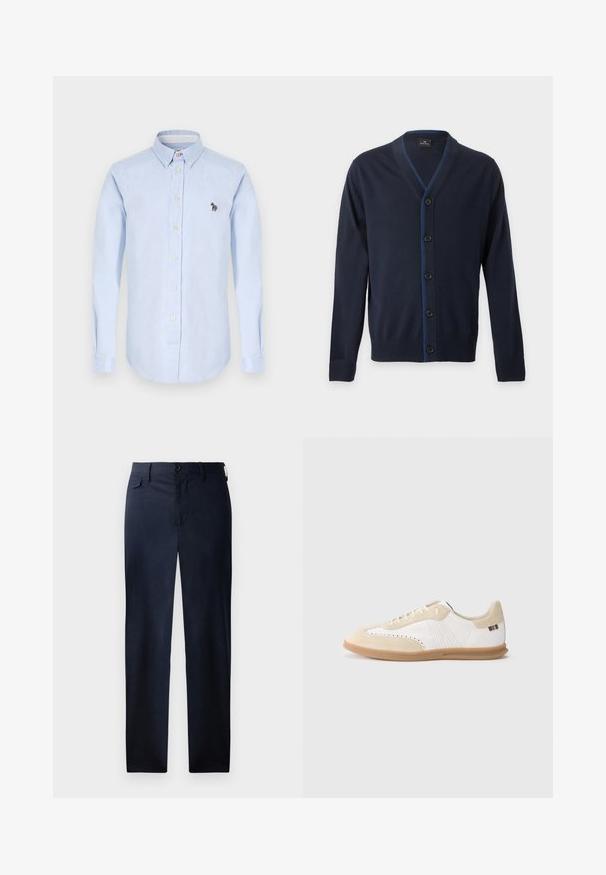 Marineblauer V-Ausschnitt-Cardigan mit fünf schwarzen Knöpfen und gerippten Bündchen und Saum, mit dezenten blauen Nähten entlang der Knopfleiste.; Hellblaues Hemd mit langen Ärmeln, Kragen, Vorderknöpfen und einem kleinen gestickten Zebra-Detail auf der Brust.; Marineblau, gerade geschnittene Hose aus glattem Stoff. Mit Reißverschluss, Knopfverschluss und einer dezenten Seitentasche. Keine sichtbaren Muster.; Weißer Sneaker mit hellbeigen Wildledereinsätzen, perforierten Details, flachen Schnürsenkeln und einer Gummisohle in Karamellfarbe. Mit gestreiftem Markenlogo an der Ferse.