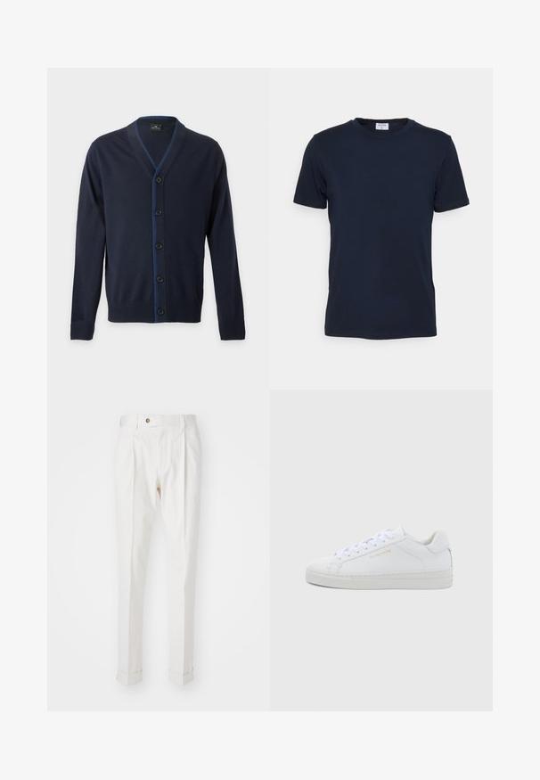 Marineblauer V-Ausschnitt-Cardigan mit fünf schwarzen Knöpfen und gerippten Bündchen und Saum, mit dezenten blauen Nähten entlang der Knopfleiste.; Navyblaues T-Shirt mit Rundhalsausschnitt aus weicher Baumwolle. Kurze Ärmel mit klassischer Passform, mit einem Etikett am Hals. Glatte Textur, minimalistisches Design.; Weiße, maßgeschneiderte Hosen mit flachem Bund, zwei Falten und umgeschlagenen Säumen. Hergestellt aus einem glatten Stoff mit einem Knopfverschluss an der Taille.; Weiße Leder-Sneaker mit niedrigem Schnitt, runder Zehenpartie, flachen Schnürsenkeln, strukturierter Sohle und dezentem goldfarbenem Markenlogo an der Seite. Glatte Oberfläche und minimalistisches Design.