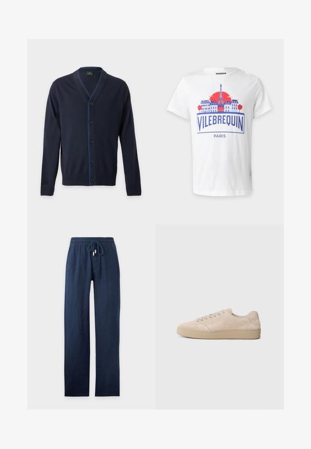 Cardigan bleu marine à col en V avec cinq boutons noirs et poignets et ourlet côtelés, présentant une couture bleue subtile le long de la ligne des boutons.; T-shirt blanc avec un graphisme bleu et rouge représentant des bâtiments de Paris, la Tour Eiffel, un soleil rouge, et le texte « Vilebrequin Paris » à l'avant.; Pantalon bleu marine à jambes droites avec taille élastique et cordon de serrage, en tissu léger.; Baskets en daim beige avec un bout rond, des lacets plats et une semelle en caoutchouc texturé. Design minimaliste avec des bords lisses et des coutures discrètes.