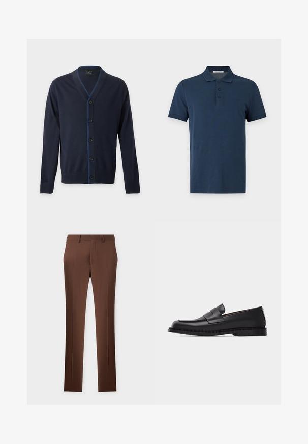 Cardigan bleu marine à col en V avec cinq boutons noirs et poignets et ourlet côtelés, présentant une couture bleue subtile le long de la ligne des boutons.; Polo bleu marine à manches courtes avec trois boutons et un col, présenté sur un fond uni gris clair.; Pantalon habillé marron sur mesure avec passants de ceinture et fermeture éclair devant, sur fond blanc.; Mocassin penny en cuir noir avec un petit talon, un bout arrondi et une bride décorative sur le dessus, posé sur un fond clair uni.