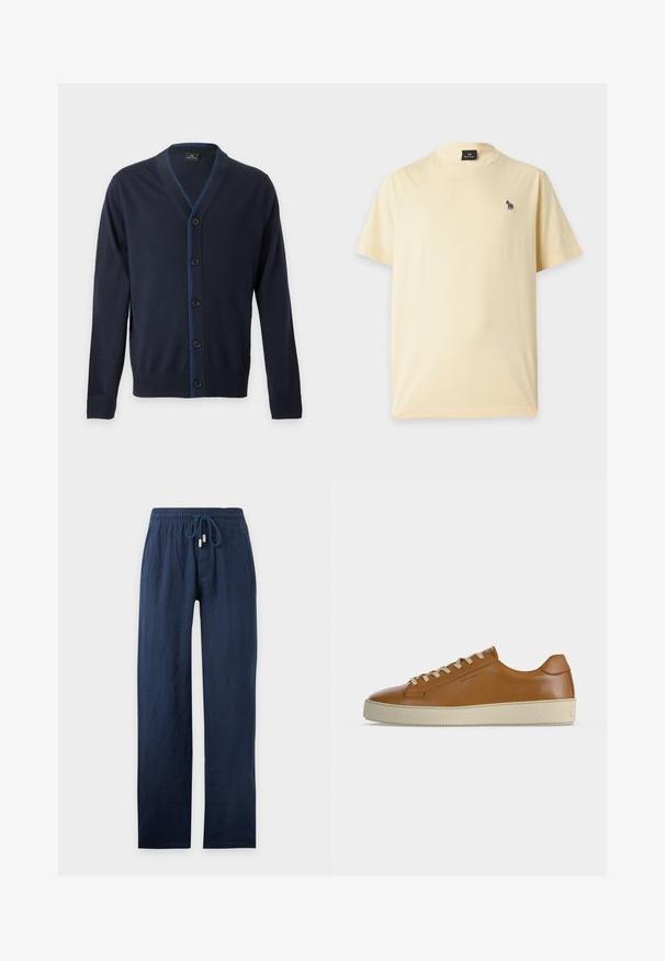 Cardigan bleu marine à col en V avec cinq boutons noirs et poignets et ourlet côtelés, présentant une couture bleue subtile le long de la ligne des boutons.; T-shirt jaune clair à manches courtes avec un petit logo zèbre multicolore sur la poitrine gauche et une étiquette noire à l’intérieur du col.; Pantalon bleu marine à jambes droites avec taille élastique et cordon de serrage, en tissu léger.; Baskets basses en cuir marron avec lacets crème et semelle épaisse en caoutchouc crème, vues de profil sur fond blanc.