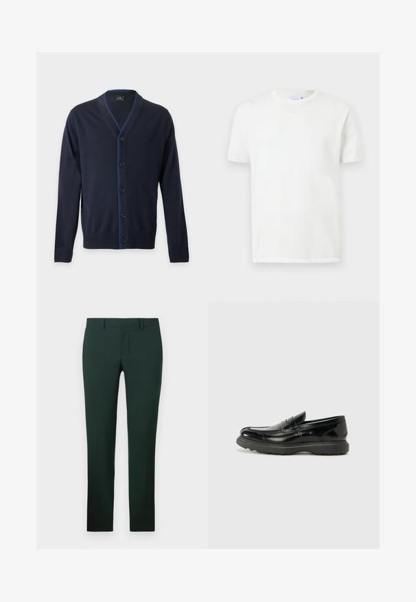 Cárdigan azul marino con cuello en V, cinco botones negros y puños y bajo acanalados, con discretas costuras azules a lo largo de la línea de botones.; Camiseta blanca lisa de manga corta y cuello redondo, exhibida sobre un fondo gris claro.; Pantalones de color verde oscuro con un diseño de pierna recta, hechos de una tela suave. Presentan un frente plano y una cinturilla estándar con trabillas para cinturón.; Mocasín de cuero negro con un acabado brillante, punta redondeada, detalles de costura sutiles y una suela de goma gruesa para mayor durabilidad.