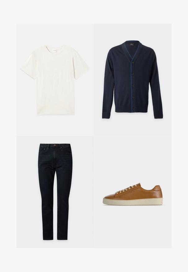 Cardigan bleu marine à col en V avec cinq boutons noirs et poignets et ourlet côtelés, présentant une couture bleue subtile le long de la ligne des boutons.; T-shirt à manches courtes, col rond en beige clair, texture en coton doux avec une coupe décontractée et sans motifs ni accents visibles.; Jean noir slim fit avec bouton et fermeture éclair à l'avant, style cinq poches, présenté à plat sur un fond clair.; Baskets basses en cuir marron avec lacets crème et semelle épaisse en caoutchouc crème, vues de profil sur fond blanc.