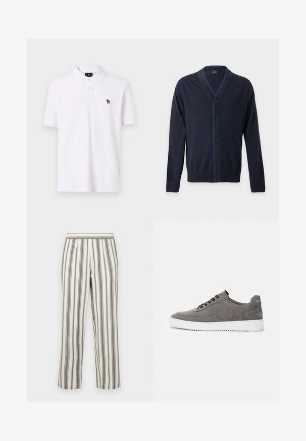 Cárdigan azul marino con cuello en V, cinco botones negros y puños y bajo acanalados, con discretas costuras azules a lo largo de la línea de botones.; Camisa polo blanca de algodón, con un cuello clásico, una tapeta de dos botones y un pequeño logo de cebra multicolor en el pecho.; Pantalones de rayas en un color crema claro con finas rayas verticales grises. Cuentan con una cinturilla elástica y un corte de pierna recta.; Zapatilla deportiva baja de ante gris con cordones negros y suela de goma blanca, vista lateral, mostrando el nombre de la marca en la lengüeta del talón.