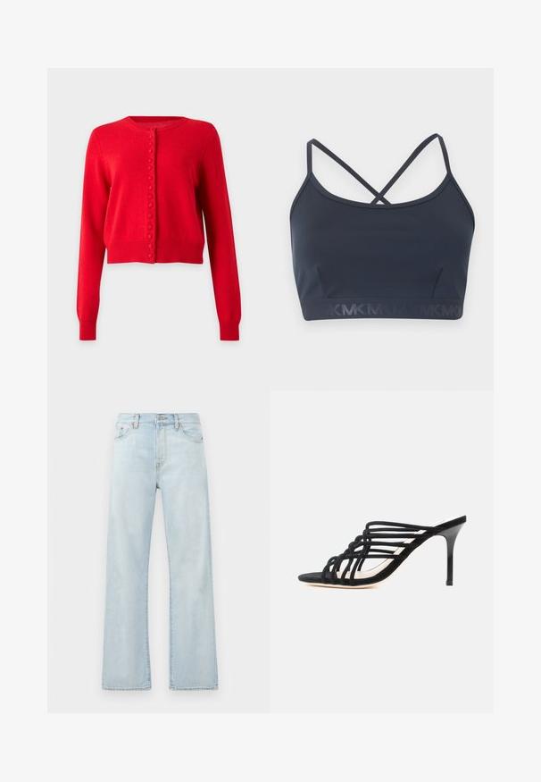 Rød cropped cardigan med lange ærmer, rund halsudskæring og stofbetrukne knapper ned langs frontens midte.; Sort cropped sports-bh med tynde korsede skulderstropper og elastikbånd med diskret gentaget "MK" logo mønster.; Lyseblå denimjeans med høj talje, vidde ben-design og subtil falming. Har klassisk fem-lommes styling og tonale syninger.; Sort højhælet mule-sandal med tynde krydsremme og en slank stilet hæl på hvid baggrund.