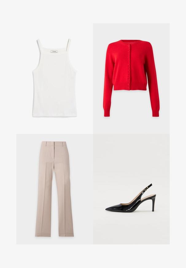 Rood cropped vest met lange mouwen, een ronde halslijn en met stof overtrokken knopen middenvoor.; Witte tanktop met dunne banden, gemaakt van ribkatoenen stof, met een rechte halslijn en een nette afwerking aan de zoom.; Beige, recht gesneden broek met riemlussen en een voorvouw, plat gelegd op een witte achtergrond.; Zwarte gepatineerde leren slingback pump met een puntige neus, slanke hak en een subtiel uitgesneden ontwerp. Bevat een gouden gesp op de band.