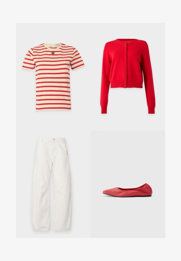 Cardigan court rouge à manches longues avec encolure ronde et boutons recouverts de tissu au centre devant.; T-shirt beige à manches courtes avec des rayures rouges horizontales et un petit patch logo noir et blanc centré sous le col.; Pantalon blanc droit avec poches avant, passants de ceinture et fermeture par bouton à la taille, présenté à plat sur fond blanc.; Filippa K REY FLATS - Ballerines - bright red