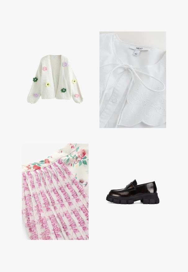Pletená cardigan vo krémovej farbe s voľným strihom. Obsahuje veľké, farebné vyšívané kvety v ružovej, žltej, zelenej a fialovej farbe na prednej strane.; Biela blúzka s kvetinovou výšivkou, so zaobleným výstrihom, zaväzovaním na šnúrky a detailmi s gombíkmi. Mäkká bavlnená látka s textúrovanými akcentmi.; Kvetinové šaty s bielym pozadím a ružovými a zelenými kvetinovými vzormi, s plisovaným dizajnom a hladkou textúrou látky.; Tmavohnedá kožená mokasína s mohutnou čiernou gumovou podrážkou. Má dekoratívny pásik cez prednú časť s detailmi prešívania.