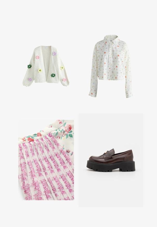 Strik cardigan i cremefarvet med en løs pasform. Har store, farverige broderede blomster i pink, gul, grøn og lilla på forsiden.; Hvid langærmet cropped skjorte med krave, knapper foran, brystlomme og lille multifarvet blomsterprint.; Blomsterkjole med hvid baggrund og pink og grønne blomstermønstre, plisseret design og en glat stoftekstur.; Madden Girl CALISTA - Loafers - brown
