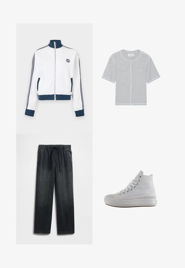 Hvid sportsjakke med lynlås, navy krave, manchetter og kant, navy striber ned ad ærmerne, frontlommer og lille cirkulært logo på brystet.; Grå bomulds t-shirt med korte ærmer, rund halsudskæring og kontrasterende hvid syning langs sømme og flækker. Enkel, uden prydelser.; Sorte denimbukser med elastisk talje og snøre, vid pasform og diskret falmet look. To sidelommer inkluderet.; Hvid højt canvas sneaksko med hvide snørebånd, metaløjer, tyk gummisål og tekstureret tåhætte, vendt mod venstre på en hvid baggrund.