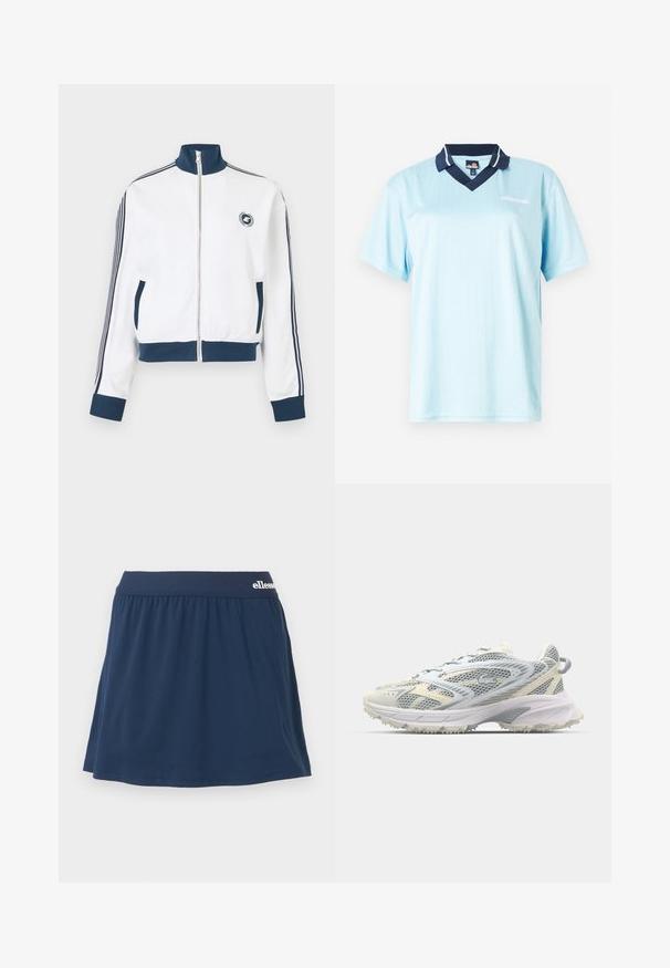 Hvid sportsjakke med lynlås, navy krave, manchetter og kant, navy striber ned ad ærmerne, frontlommer og lille cirkulært logo på brystet.; Lyseblå kortærmet polo shirt med marineblå krave. Lodrette striber og logoaksecent på fronten. Glat, letvægtsstof.; Mørkeblå, blødt stof skort med elastisk talje. Har et samlet design og et lille logo på taljen.; Mesh atletiksko i grå og creme, med en tekstureret overdel, forstærket tå og en lysfarvet, robust ydersål for greb.