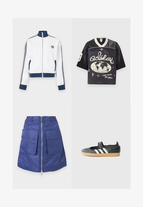 Hvid sportsjakke med lynlås, navy krave, manchetter og kant, navy striber ned ad ærmerne, frontlommer og lille cirkulært logo på brystet.; Sort sportstrøje i mesh med løs pasform, med cremefarvede accenter, v-udskæring og grafik inklusive en globus og stjerner.; Mørkeblå nederdel lavet af nylon med lynlås i front. Har to store påsyede lommer og en struktureret silhuet. Glat tekstur.; Sort læder- og ruskinds sneakers med en Velcro-rem, der har tre hvide striber og en gummisål, mærket "SAMBA" på siden.