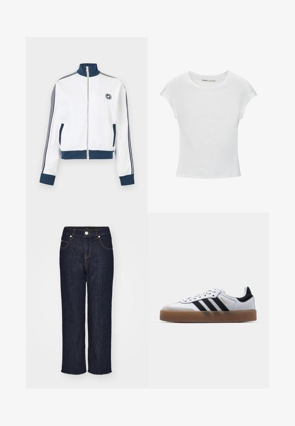 Witte sportjas met ritssluiting, met een marineblauwe kraag, manchetten en zoom, marineblauwe strepen langs de mouwen, steekzakken aan de voorkant en een klein rond logo op de borst.; Witte katoenen T-shirt met korte, opgerolde mouwen, een ronde halslijn en een rechte zoom. Gladde textuur zonder zichtbare patronen of accenten.; Donkerblauwe denim jeans met een rechte pijpdesign, vijf zakken en een raw hem. Voorzien van contrasterende stiksels en een metalen knoopsluiting.; Witte leren sneakers met zwarte strepen, gumrubberen buitenzool, ronde neus, vetersluiting en een zachte grijze suède neuskap.