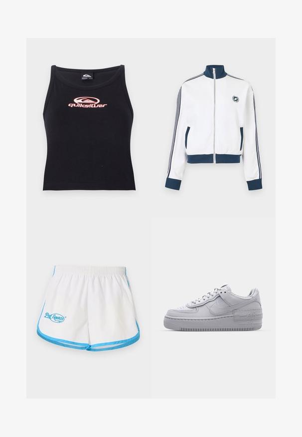 Veste de sport blanche à fermeture éclair avec col, poignets et ourlet bleu marine, rayures bleu marine sur les manches, poches avant et petit logo circulaire sur la poitrine.; Crop top noir sans manches en tissu doux, avec un logo Quiksilver rose centré sur la poitrine. Design simple avec un décolleté arrondi.; Pal Sporting Goods LEAGUE WOMENS - Short - marshmallow/blue; Basket en cuir lisse gris Nike Air Force 1 avec un bout perforé, une semelle épaisse et un détail 'AIR' en relief sur le talon.