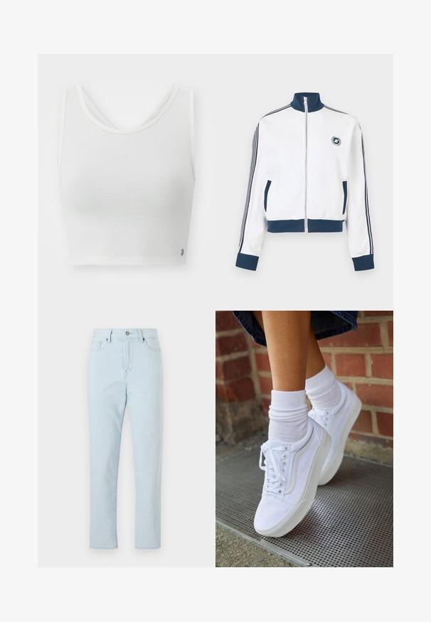 Veste de sport blanche à fermeture éclair avec col, poignets et ourlet bleu marine, rayures bleu marine sur les manches, poches avant et petit logo circulaire sur la poitrine.; Top court blanc avec un tissu texturé, décolleté arrondi et un design à dos superposé avec un petit logo accentué sur le côté.; Jean droit taille haute bleu clair avec poches avant, passants de ceinture, fermeture à bouton et couture visible le long des jambes.; Baskets en toile blanches avec semelles en caoutchouc, dotées de six œillets, d'un bout rond et de détails de couture légers, portées avec des chaussettes blanches mi-mollet.