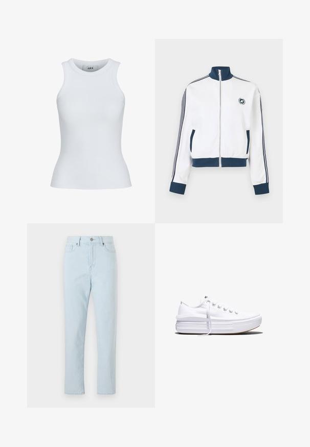 Witte sportjas met ritssluiting, met een marineblauwe kraag, manchetten en zoom, marineblauwe strepen langs de mouwen, steekzakken aan de voorkant en een klein rond logo op de borst.; Witte geribde tanktop met een ronde halslijn en zonder mouwen. Heeft een slim fit en een zachte textuur, geschikt voor lagen.; Hoge taille lichtblauwe straight-leg jeans met voorzakken, riemlussen, knoopsluiting en zichtbare stiksels langs de benen.; Witte lage canvas sneaker met dikke plateauzool, veters aan de voorkant en rubberen toeskap met structuur, zijaanzicht.