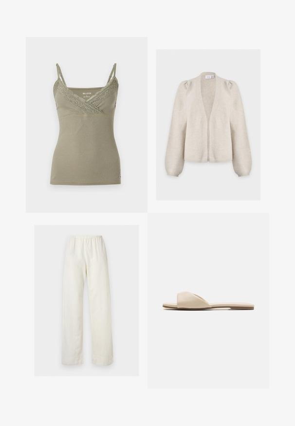 Μπεζ ζακέτα με μακριά μανίκια, ανοιχτή μπροστά, με φουσκωτούς ώμους και ριμπ μανσέτες, με ετικέτα VILA στον γιακά.; Ελαφρύ ριμπ τοπ σε ανοιχτό ελαιί χρώμα με δαντέλα γύρω από τη V-γραμμή και λεπτές ρυθμιζόμενες τιράντες, με ετικέτα της μάρκας ορατή στο εσωτερικό του λαιμού.; Φαρδιά κρεμ παντελόνια με ελαστική μέση και ίσια πόδια σε απλό ανοιχτό φόντο.; Φλατ σανδάλια από απαλό μπεζ υλικό, με ανοιχτό μπροστινό σχέδιο, λεία υφή και μινιμαλιστικό σχήμα, συνοδευόμενα από ανοιχτό καφέ σόλα.