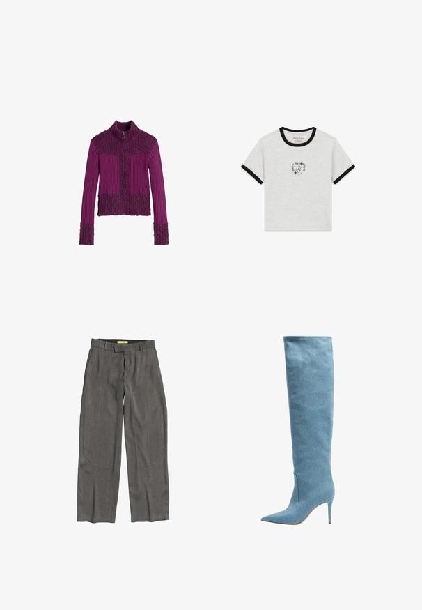 Lilla lynlåstrøje med ribstribet mønster, der har teksturerede sektioner på skuldre og ærmer samt et tætsiddende, kort design.; Grå T-shirt med korte ærmer, sort ribbet halsudskæring og manchetter. Har et lille sort logo med blomsterprint på fronten.; Grå bukser med lige ben, bæltestropper, forlommer og en delvist åben linning, vist på en hvid baggrund.; Høje damesko i lyseblå denim med spids tå og slank høj hæl på en hvid baggrund.