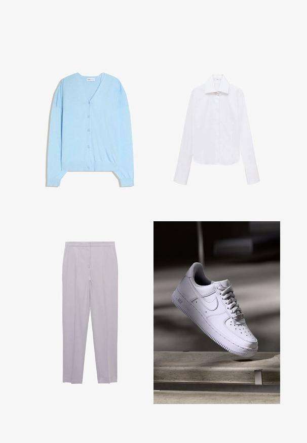Lichtblauw vest met knopen, V-hals en lange mouwen, plat uitgespreid op een witte achtergrond.; Witte cropped shirt met lange mouwen, een puntkraag en knopen aan de voorkant. Gemaakt van een gladde, lichte stof. Geen zichtbare patronen of accenten.; Lichtgrijze op maat gemaakte broeken met een rechte snit, met een gladde textuur en zijzakken, ontworpen met een schone, moderne esthetiek.; Witte Nike Air Force 1 sneaker die zweeft boven een betonnen oppervlak met schaduwen in een minimalistische setting.