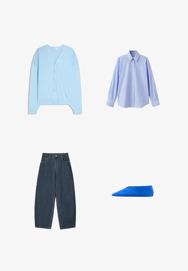 Cardigan bleu clair boutonné avec col en V et manches longues, présenté à plat sur un fond blanc.; Chemise bleu clair à manches longues avec des rayures verticales blanches et des boutons blancs à l'avant, dotée d'un col pointu et de poignets boutonnés.; Jeans en denim bleu foncé à jambes larges avec une taille haute, dotés de cinq poches et de détails de couture visibles. Design épuré et minimal.; Chaussure plate en daim bleu avec bout pointu et semelle profilée basse, vue de côté sur fond blanc.