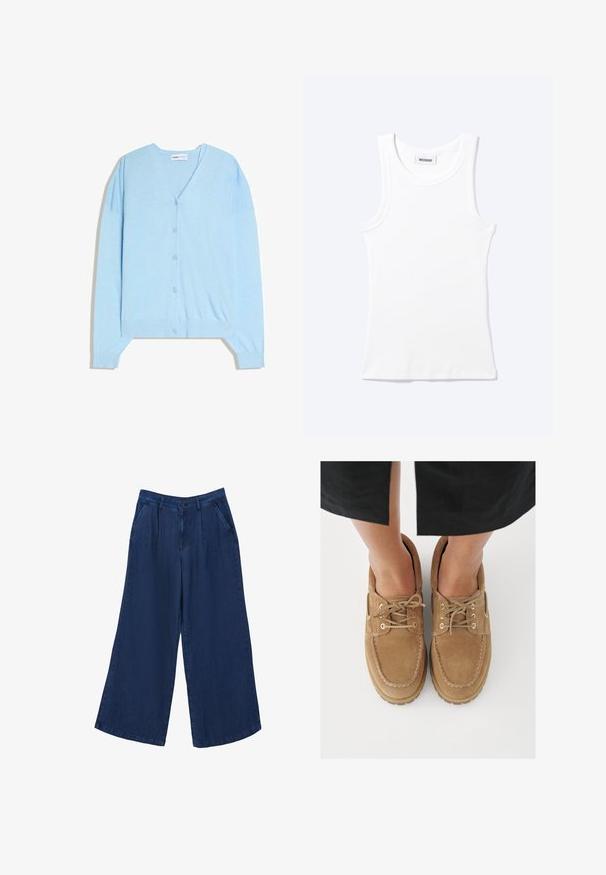 Cardigan bleu clair boutonné avec col en V et manches longues, présenté à plat sur un fond blanc.; Débardeur blanc côtelé sans manches avec encolure ronde et une petite étiquette indiquant "WEEKDAY" à l'intérieur du col.; Pantalons en denim à jambes larges de couleur bleu foncé. Comprend deux poches avant, une fermeture à bouton et une texture lisse en tissu léger.; Chaussures en daim marron à bout rond, avec des lacets texturés et des œillets dorés, sur un fond clair.