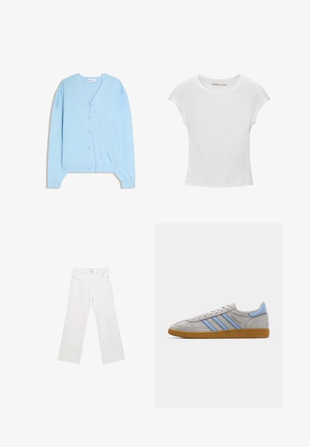 Cardigan bleu clair boutonné avec col en V et manches longues, présenté à plat sur un fond blanc.; T-shirt en coton blanc avec manches courtes retroussées, encolure ronde et ourlet droit. Texture lisse sans motifs ni accents visibles.; Pantalons en denim blanc à larges jambes avec un design classique à cinq poches, matériel en métal et coutures contrastées. Texture lisse et coupe décontractée.; Baskets en suède gris avec des rayures bleu clair, semelle en caoutchouc caramel et accents de logo. Design basse avec bout rond et fermeture à lacets.