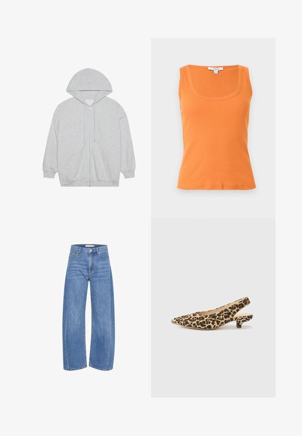 Lichtgrijze hoodie met ritssluiting, trekkoorden, lange mouwen, voorzakken en geribde boorden bij mouwen en zoom, plat uitgespreid op een witte achtergrond.; Mouwloze oranje geribbelde tanktop met ronde halslijn, aansluitende pasvorm en Topshop label op een lichtgrijze achtergrond.; Lichtblauwe denim wijde broek met hoge taille, voorzien van een knoop en ritssluiting, vijf zakken en subtiele vervagingsdetails.; Slingback hakken met luipaardprint, een beige basis en donkerbruine vlekken, voorzien van een kleine blokhak en een zachte textuur.