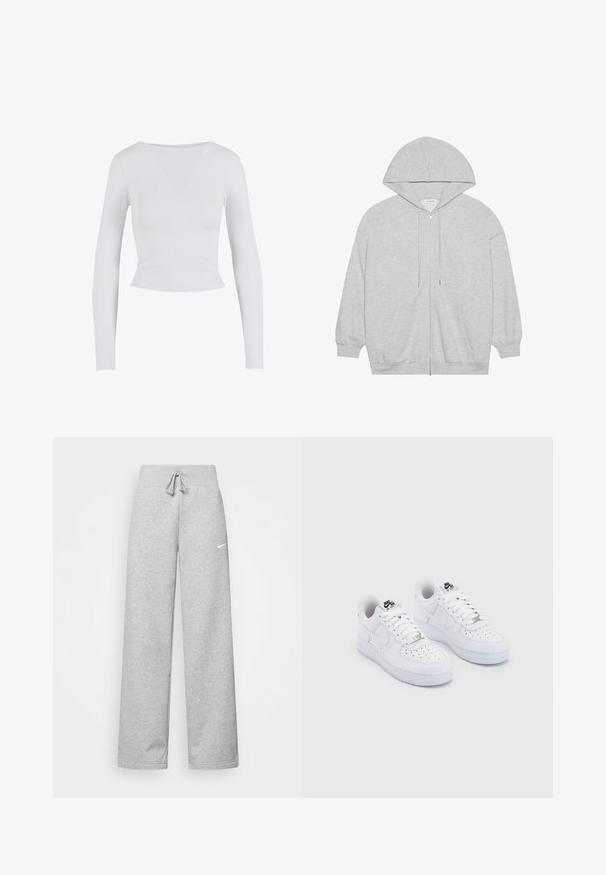 Sudadera con capucha gris claro con cremallera, cordones, mangas largas, bolsillos frontales y puños y bajo acanalados, colocada plana sobre un fondo blanco.; Top corto de manga larga blanco con cuello redondo, hecho de una tela suave y elástica, que presenta un diseño ajustado y sin cierres visibles.; Pantalones de chándal grises con cintura elástica, detalle de cordón y un pequeño logo blanco de Nike en el muslo izquierdo. Tejido suave, de corte holgado.; Zapatillas Nike Air Force 1 blancas con una parte superior de cuero suave, puntera perforada, cordones blancos y un logotipo negro en la lengüeta.