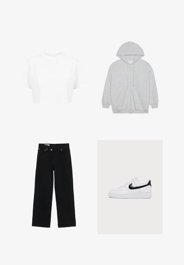 Sweat à capuche gris clair zippé avec cordons, manches longues, poches avant, poignets et ourlet côtelés, posé à plat sur fond blanc.; T-shirt blanche raccourcie, à manches courtes, col rond, en tissu lisse, sans motifs visibles ni quincaillerie distincte.; Jean noir à taille haute et jambes larges, avec fermeture à boutons et fermeture éclair à l'avant, passants pour ceinture et cinq poches, sur fond blanc.; Baskets basses blanches avec le logo Nike noir et languette au talon, lacets blancs et perforations sur la zone des orteils.