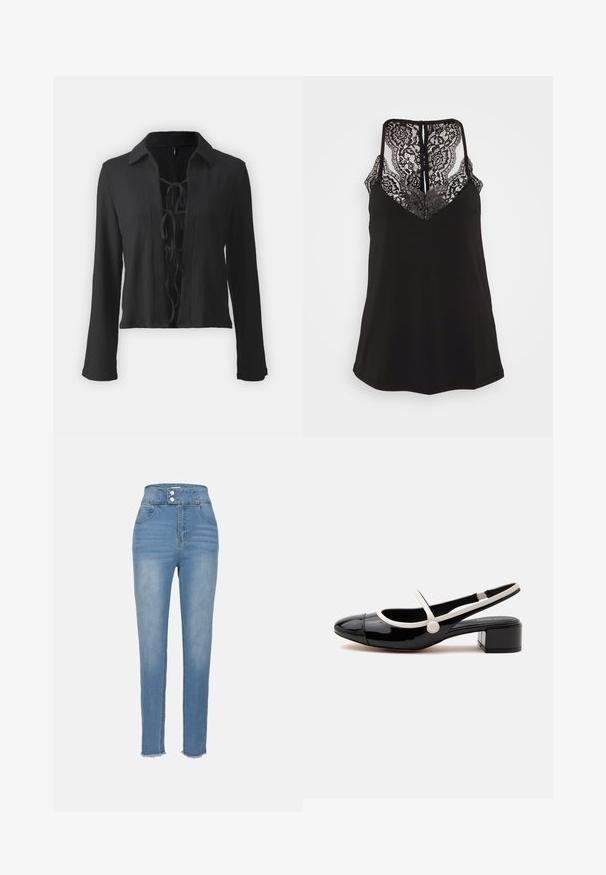 Zwarte langmouw shirt van textuurstof, met een geknipte kraag en een voor sluiting met losse strik.; Zwarte camisole met kantdetails bij de V-hals en de rug. Voorzien van verstelbare bandjes en een fijne stofstructuur. Normale pasvorm.; Hoge taille blauwe spijkerbroek met een knoopsluiting, voorzakken en een licht gerafelde zoom. Soepele textuur en tapered leg ontwerp.; Zwarte lakleren slingback schoen met witte band en rand, lage blokhak en rond teenontwerp op witte achtergrond.