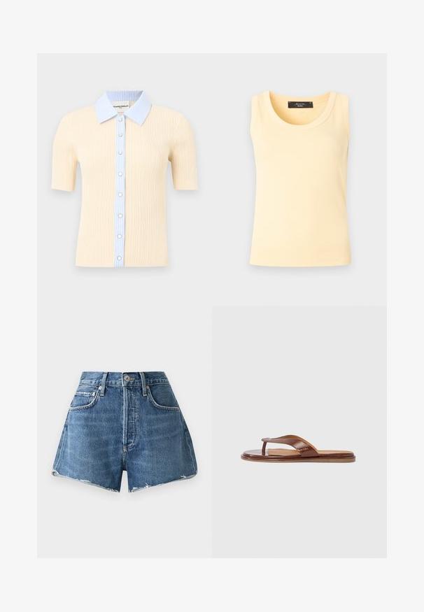 Blusa de punto acanalado beige de manga corta con cuello a rayas azul claro y tapeta con botones, con botones similares a perlas en la parte delantera.; Top sin mangas de punto acanalado en amarillo pálido con escote redondo y etiqueta de marca negra en el interior del cuello.; Pantalones cortos de mezclilla en azul claro con cintura alta, dobladillo deshilachado, bolsillos laterales y detalles de costuras visibles. Presentan cierre clásico con botón y cremallera.; Chancla de cuero marrón con una correa texturizada y una plantilla lisa. Cuenta con un diseño minimalista y una suela plana, adecuada para uso informal.