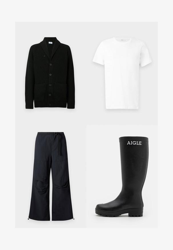 Sort ribbet cardigan med sjalskrave, knappelukning og to forlommer. Lavet af struktureret stof.; Hvid kortærmet bomulds-T-shirt med rund hals, vist fladt på en lys grå baggrund.; Sorte bukser med vide ben lavet af letvægtstof. Har bælte, to store sidelommer og justerbare kanter med snorlås.; Sorte gummistøvler med en glat overflade, høj skaft og en robust, rillet sål. Har et hvidt AIGLE-logo foran.