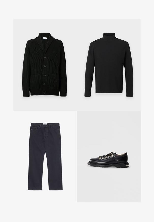 Cárdigan negro con canalé, cuello de chal, cierre de botón y dos bolsillos frontales. Fabricado en tejido texturizado.; Camisa de cuello alto negra hecha de una tela suave. Cuenta con mangas largas y un collar alto. Diseño sencillo sin patrones ni acentos adicionales.; Vaqueros de mezclilla azul oscuro con un diseño de pierna recta, cinco bolsillos y un cierre clásico de botón y cremallera. Presenta costuras de contraste.; Zapato bajo de cuero negro con suela gruesa, ojales de metal, adornos plateados decorativos en los cordones y un dibujo texturizado en la suela.