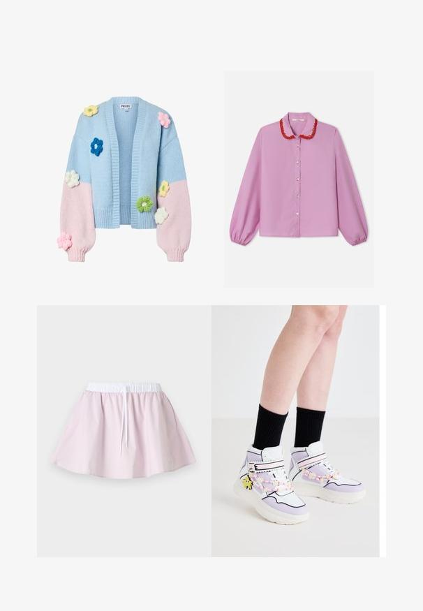 Cárdigan de punto grueso con cuerpo azul claro y mangas rosas, decorado con aplicaciones de flores de punto 3D multicolores en el frente y las mangas.; Blusa rosa con cuello bordado rojo, mangas largas con puños elásticos y cierre frontal con botones. Tela lisa, diseño de ajuste relajado.; Falda línea A de color rosa claro con cintura elástica blanca y cordón, mostrada plana sobre un fondo claro y liso.; Zapatillas altas con un diseño en blanco y lavanda, que cuentan con acentos de cuentas rosas y un charm en forma de estrella, sobre calcetines negros de canalé.
