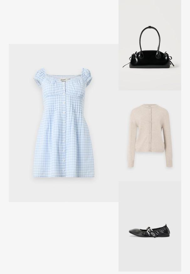 ONLY ONLCAMILLE BASIC CARDIGAN - Gilet - pumice stone; Robe courte à carreaux bleu clair et blanc avec manches bouffantes et fermeture à boutons sur le devant, présentant un col carré et un buste froncé.; Chaussure plate en cuir noir avec un nez pointu, des détails froncés autour de l'ouverture et un accent en boucle argentée sur la bride ajustable.; Petit sac à main noir brillant avec deux longues anses et des détails à cordon sur les côtés sur un fond clair uni.