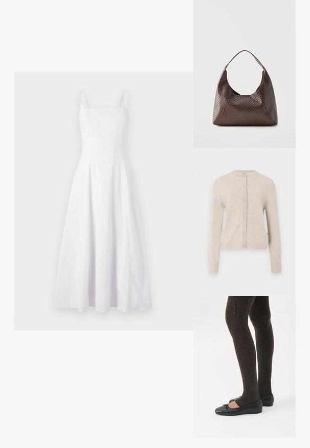 ONLY ONLCAMILLE BASIC CARDIGAN - Cardigan - pumice stone; Hvid linned kjole med firkantet halsudskæring, tynde stropper og en flagrende nederdel, der har en subtil tekstur og et midtlangt design.; Ben iført mørke ribbede leggings kombineret med sorte balletsko med små sløjfedetaljer på hvid baggrund.; Brun flettet læder skuldertaske med en enkelt bred strop og en slasket, halvmåneformet krop.